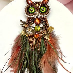 Handmade "Magic Owl" Brooch: Beaded Rhinestone Feather Pin