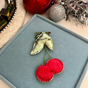Hand-Embroidered Cherry Brooch: Beaded Embellishment