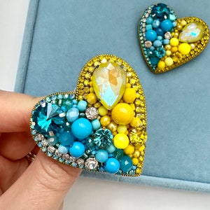 Handmade Beaded Heart Pin Brooch: Yellow & Blue Design