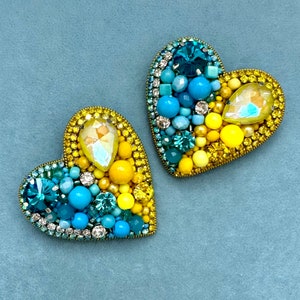 Handmade Beaded Heart Pin Brooch: Yellow & Blue Design