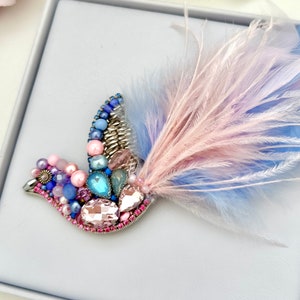 Handmade Beaded Bird Brooch: Ostrich Feather Statement Jewelry