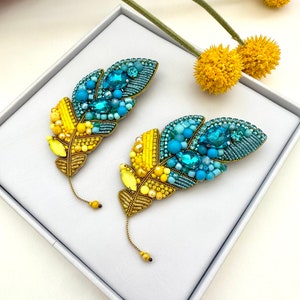 Beaded brooches Ukrainian Yellow Blue feather. Handmade designer brooch. High quality accessories. Unique design brooch.