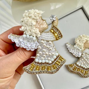 Hand-Embroidered Christmas Angel Brooch: Gold Holiday Pin