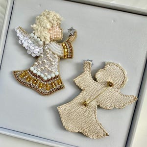 Hand-Embroidered Christmas Angel Brooch: Gold Holiday Pin
