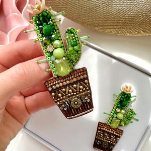 Hand-Embroidered Cactus Brooch: Beaded Designer Pin