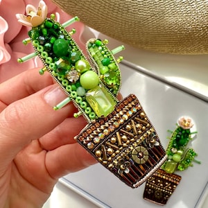 Hand-Embroidered Cactus Brooch: Beaded Designer Pin