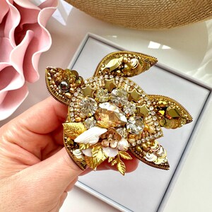 Handmade Beaded Sea Turtle Brooch: Gold Crystal Tropical Design