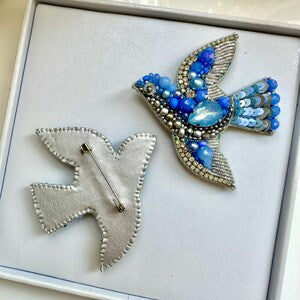 Hand-Embroidered Bird Brooch: Silver Blue Crystal Pin