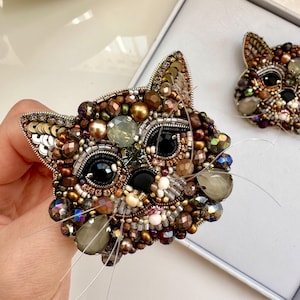 Handmade Beaded Cat Brooch: Embroidered Forest Cat Pin