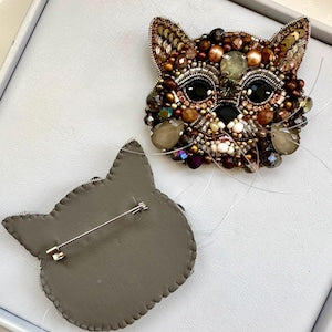 Handmade Beaded Cat Brooch: Embroidered Forest Cat Pin