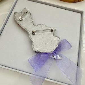 Beaded brooches “White Rabbit” with purple bow. Handmade designer brooch. High quality accessories. Unique design brooch.