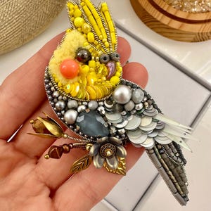 Hand-embroidered brooch Yellow Parrot Handmade designer pin brooch. Handmade gift Beaded brooch Handmade Birthday Gift for her (one brooch)