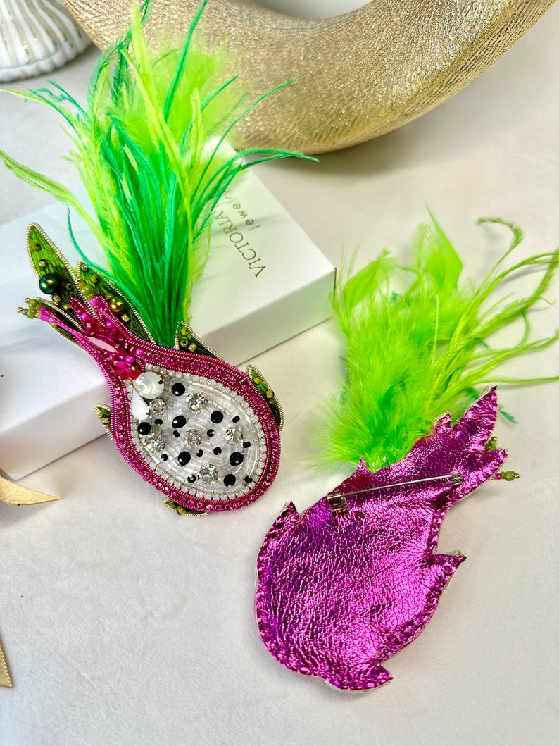 Hand-embroidered brooch ‘’Dragon fruit"
