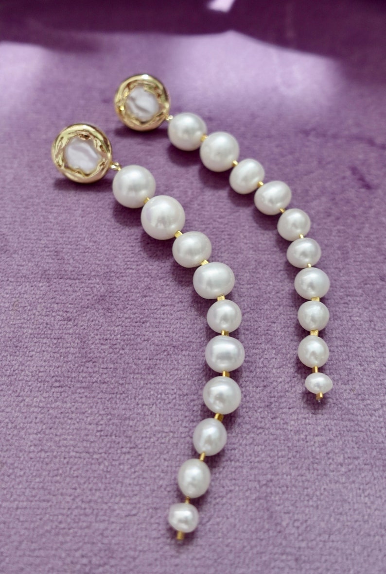 Handmade Natural Pearl Drop Earrings: Embroidered Elegant Jewelry
