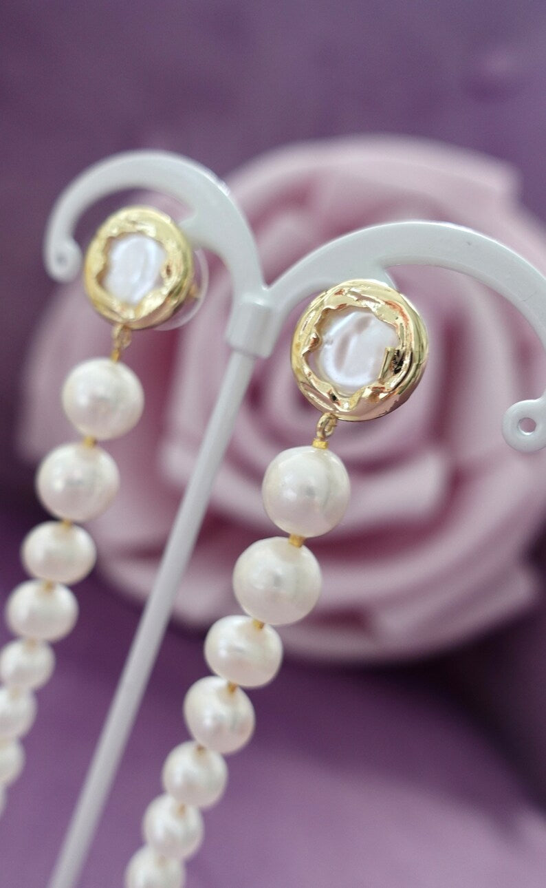 Handmade Natural Pearl Drop Earrings: Embroidered Elegant Jewelry