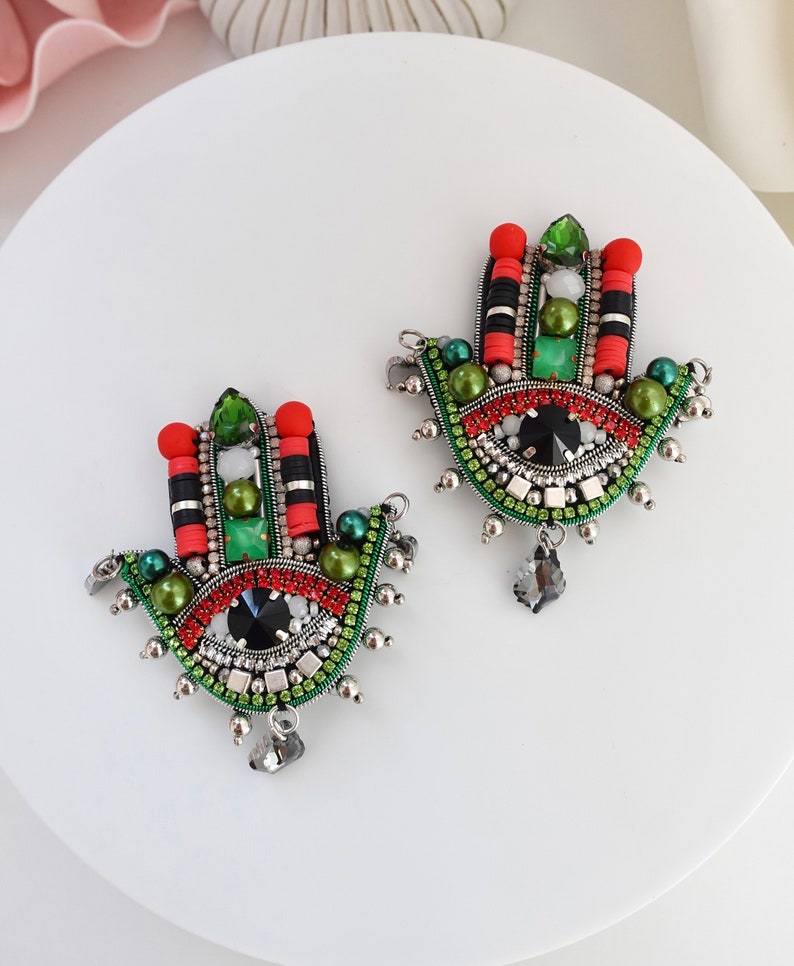 Handmade Hamsa Hand Brooch: Colorful Evil Eye Pin