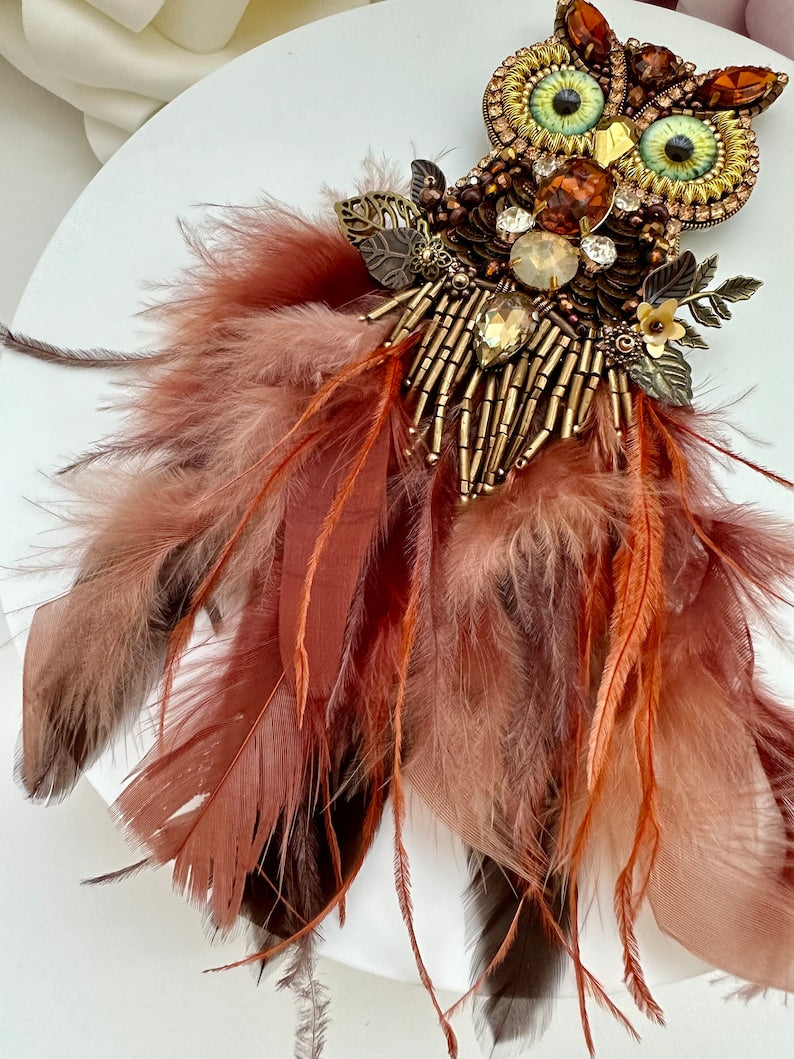 Handmade Beaded Owl Brooch: Feathered Rhinestone Bird Pin