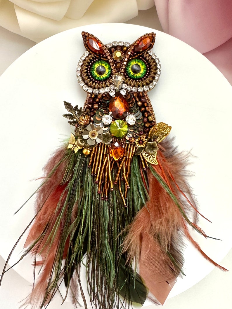 Handmade "Magic Owl" Brooch: Beaded Rhinestone Feather Pin