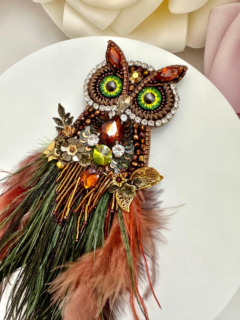 Handmade "Magic Owl" Brooch: Beaded Rhinestone Feather Pin