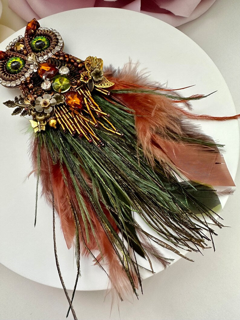 Handmade "Magic Owl" Brooch: Beaded Rhinestone Feather Pin