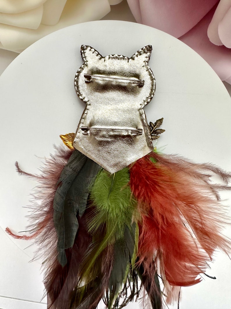 Handmade "Magic Owl" Brooch: Beaded Rhinestone Feather Pin