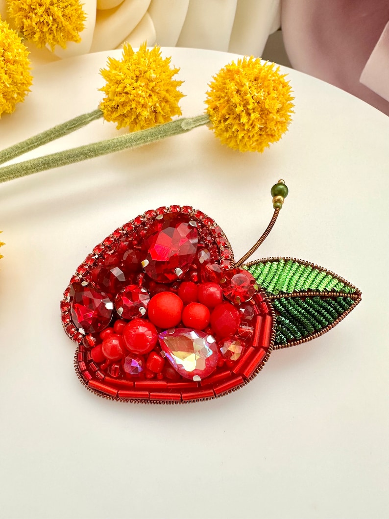 Hand-embroidered brooch ‘’Red Apple". Handmade colorful pin brooch. Designer accessories.