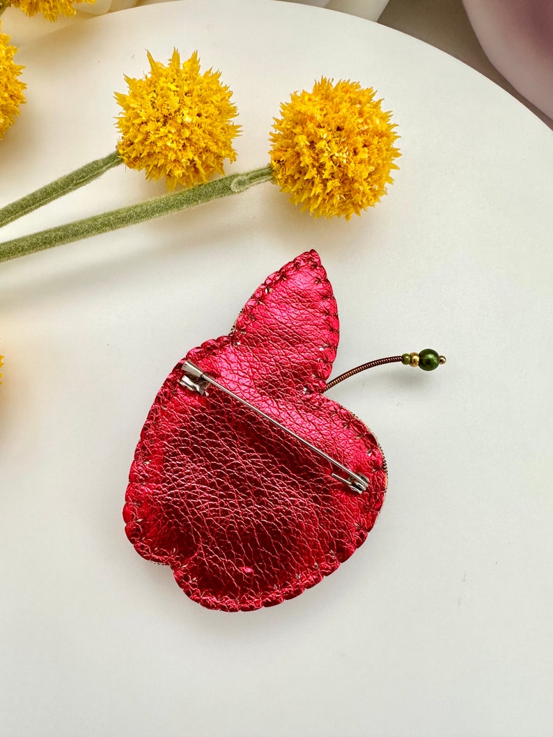 Hand-embroidered brooch ‘’Red Apple". Handmade colorful pin brooch. Designer accessories.