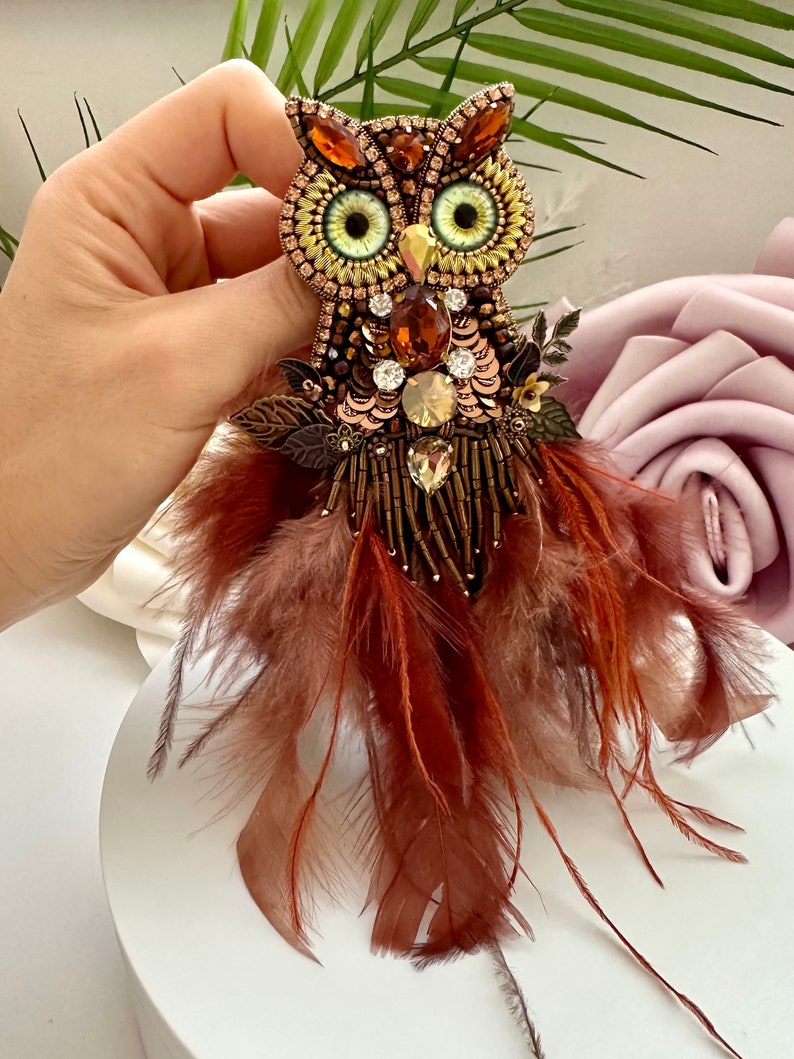 Handmade Beaded Owl Brooch: Feathered Rhinestone Bird Pin