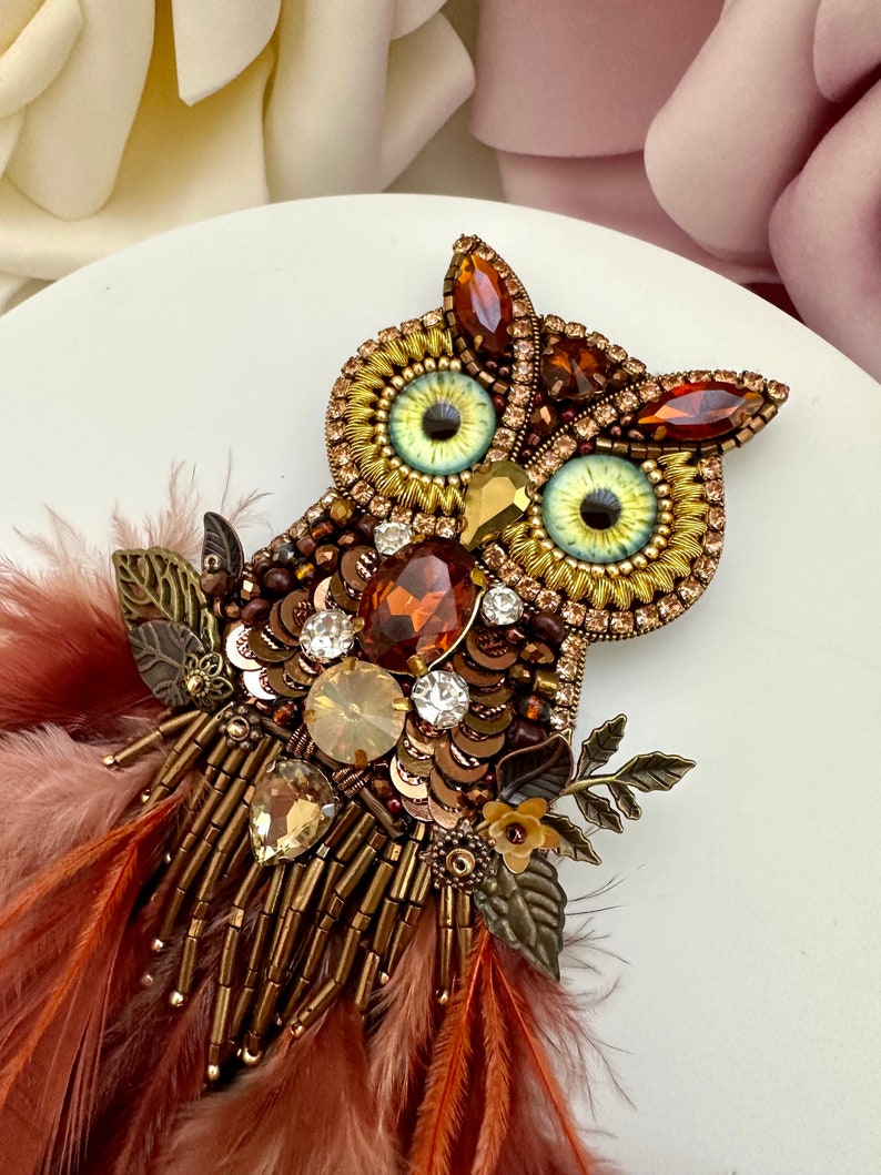 Handmade Beaded Owl Brooch: Feathered Rhinestone Bird Pin
