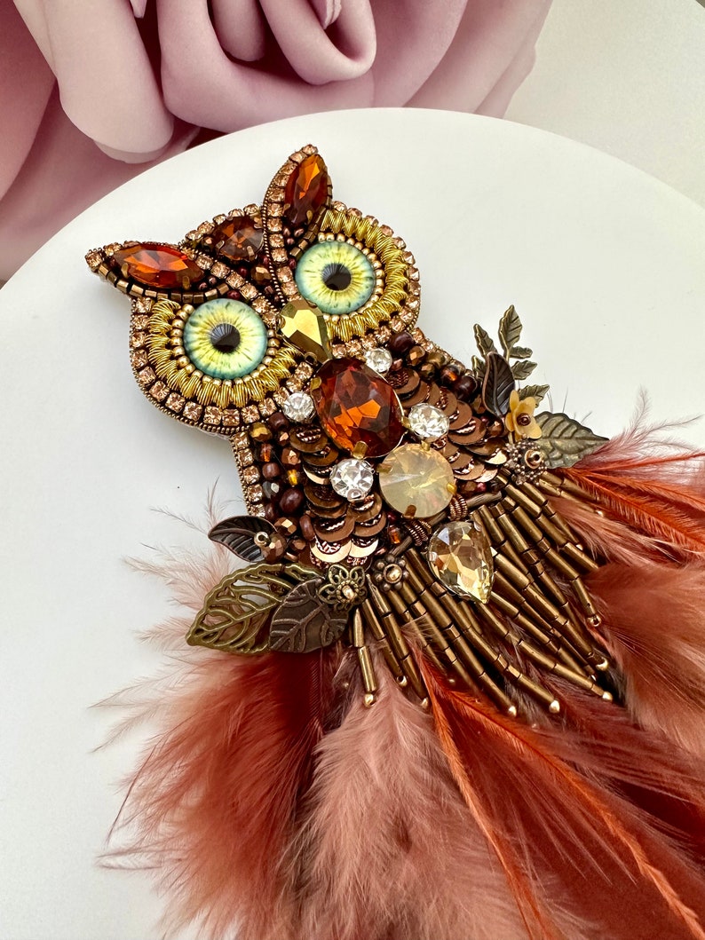 Handmade Beaded Owl Brooch: Feathered Rhinestone Bird Pin