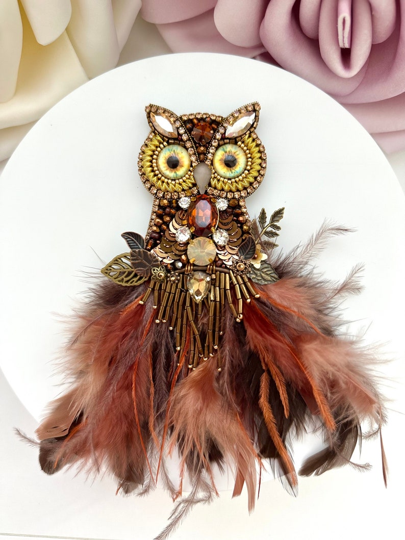 Handmade Beaded Owl Brooch: Feathered Rhinestone Bird Pin