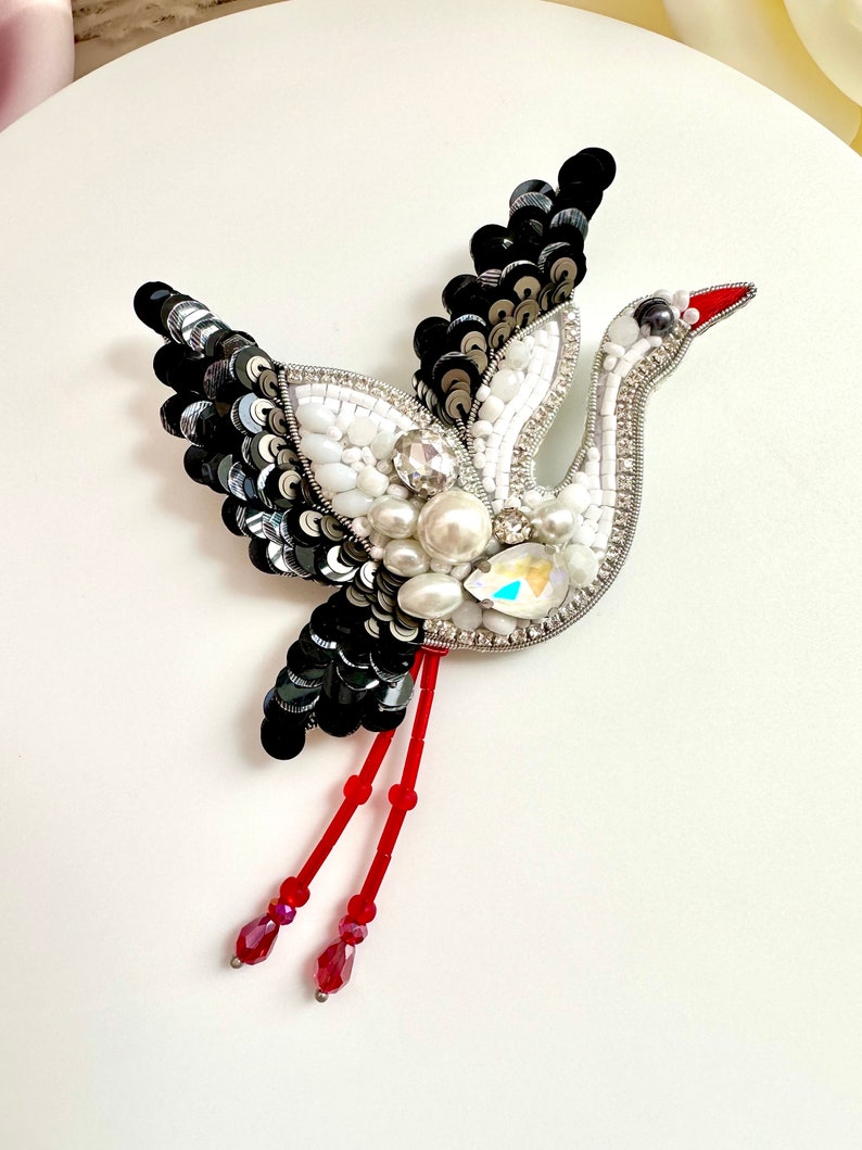 Beaded brooches “Stork” bird. Handmade designer brooch. High quality accessories. Unique bird design brooch. Baby shower best gift.