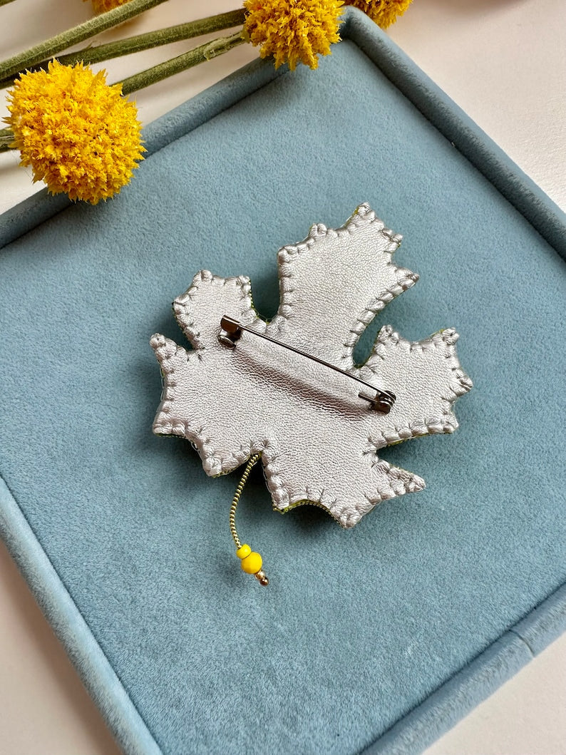 Handmade Beaded Maple Leaf Brooch: Embroidered Crystal Autumn Jewelry