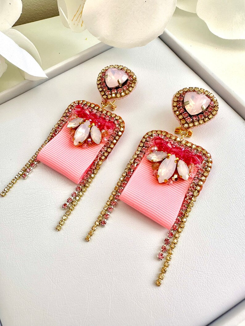 Handmade Pink Crystal Embroidered Earrings: Designer Celebration Jewelry