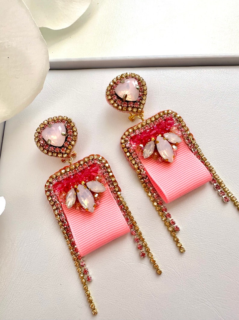 Handmade Pink Crystal Embroidered Earrings: Designer Celebration Jewelry