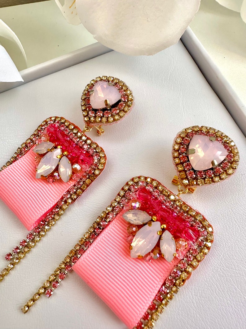 Handmade Pink Crystal Embroidered Earrings: Designer Celebration Jewelry