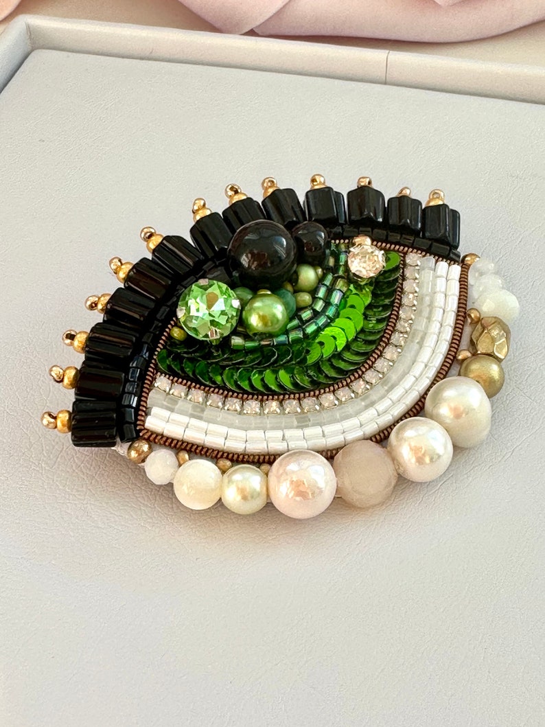 Handmade Beaded Evil Eye Brooch: Green Protective Amulet