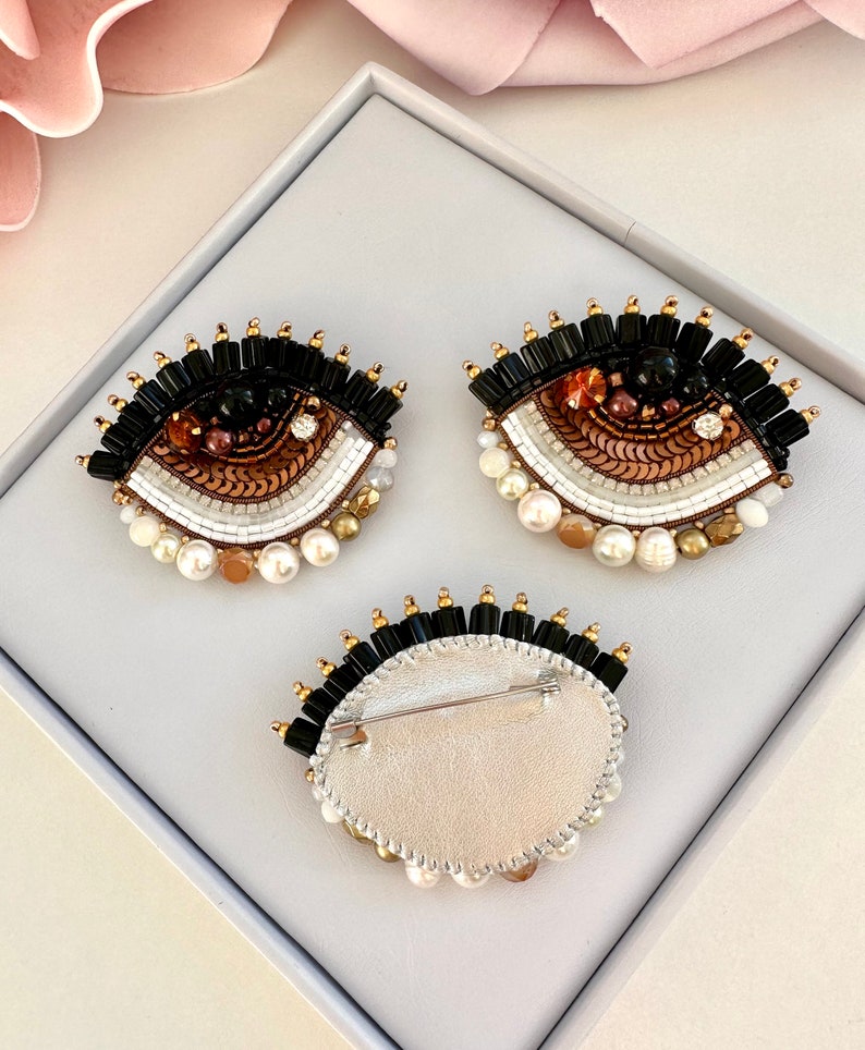 Handmade Beaded Brown Protective Evil Eye Brooch - Unique Good Luck Charm