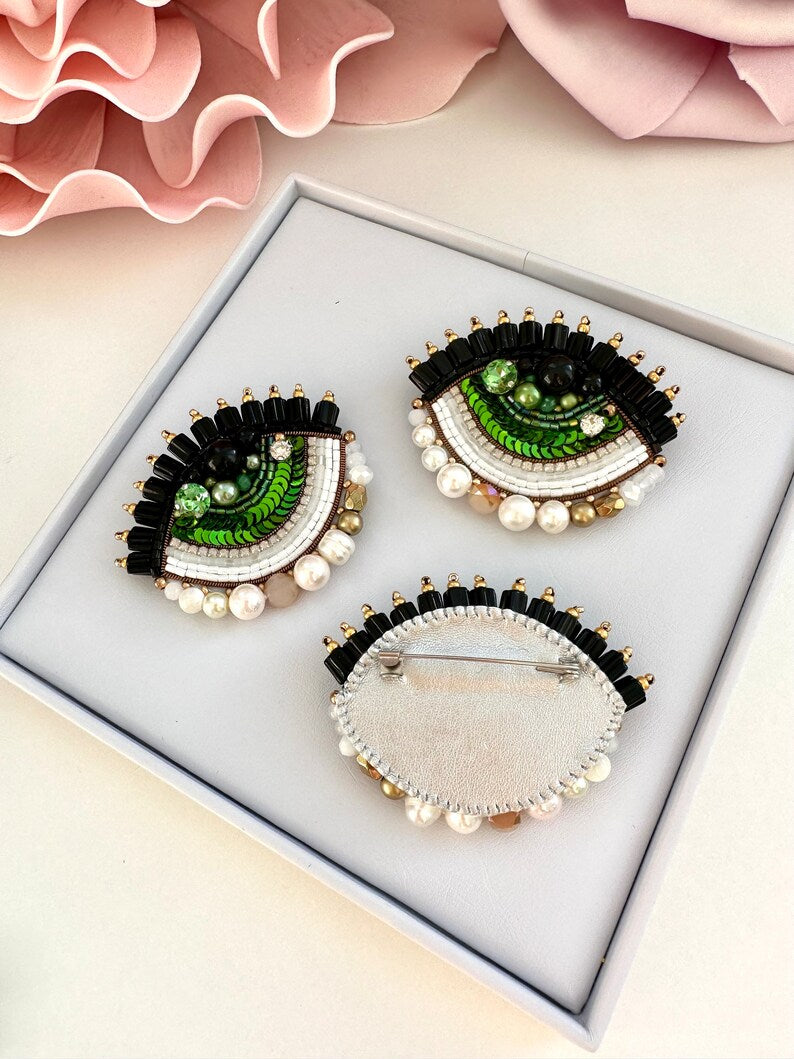 Handmade Beaded Evil Eye Brooch: Green Protective Amulet