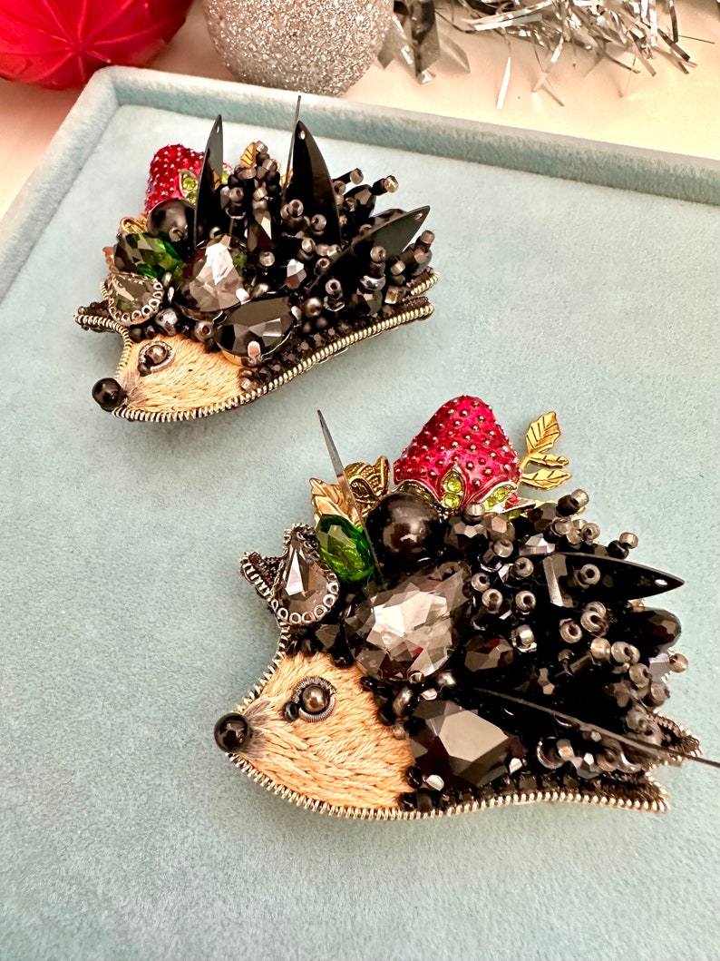 Hand-Embroidered Hedgehog Brooch: Beaded Forest Pin