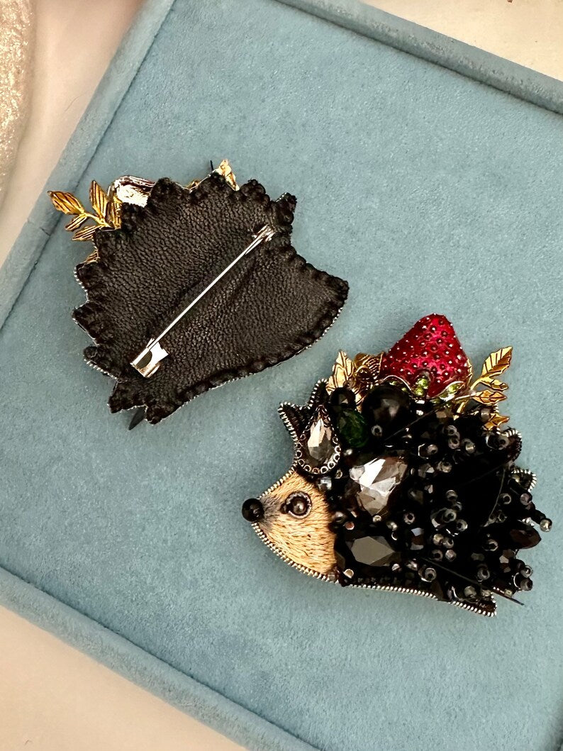 Hand-Embroidered Hedgehog Brooch: Beaded Forest Pin