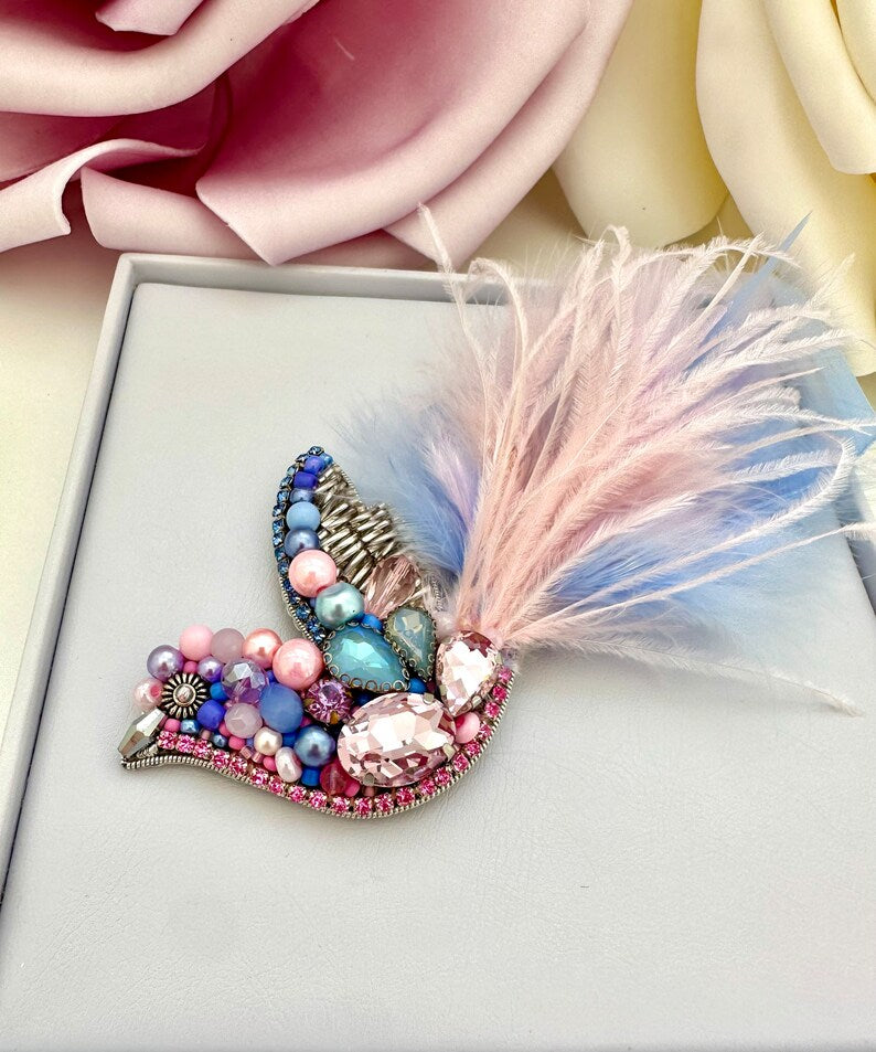 Handmade Beaded Bird Brooch: Ostrich Feather Statement Jewelry