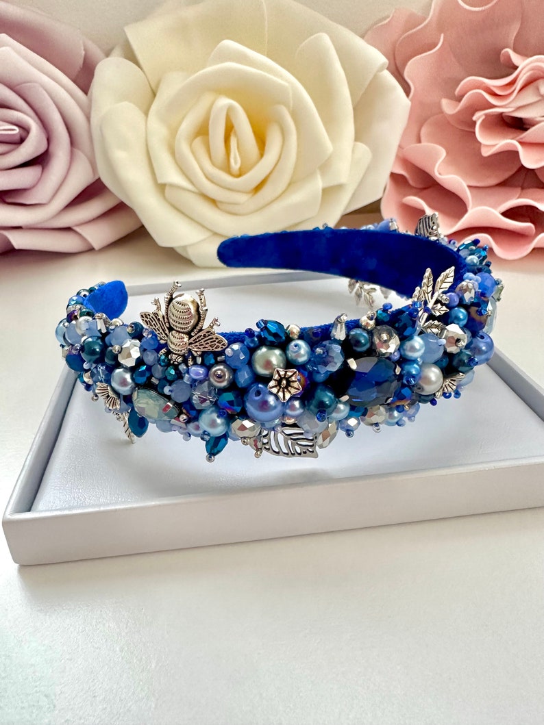 Blue Crystal Beaded Headband: Embroidered Jeweled Tiara
