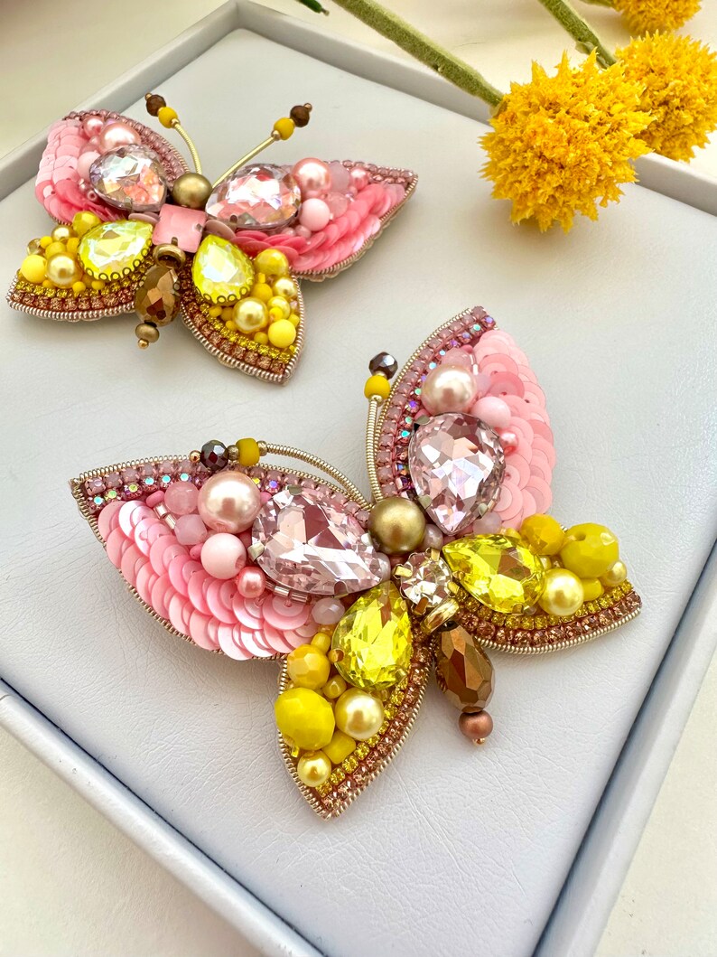 Hand-Embroidered Butterfly Brooch: Yellow & Pink Crystal Pin
