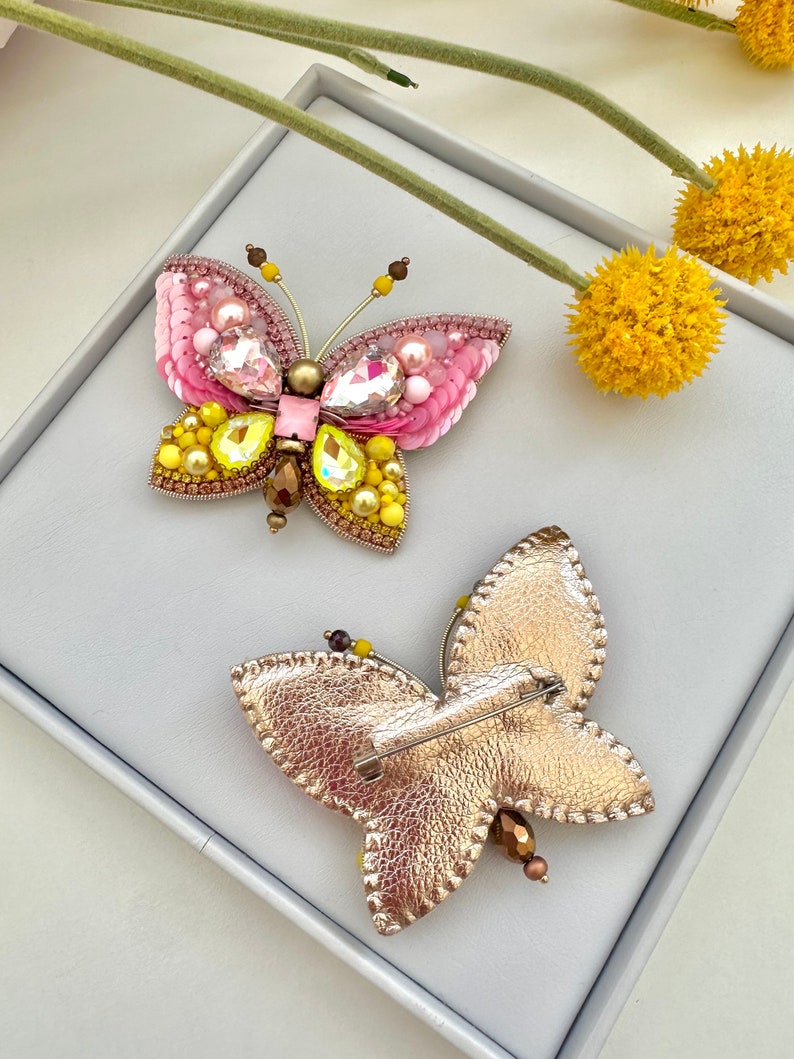Hand-Embroidered Butterfly Brooch: Yellow & Pink Crystal Pin
