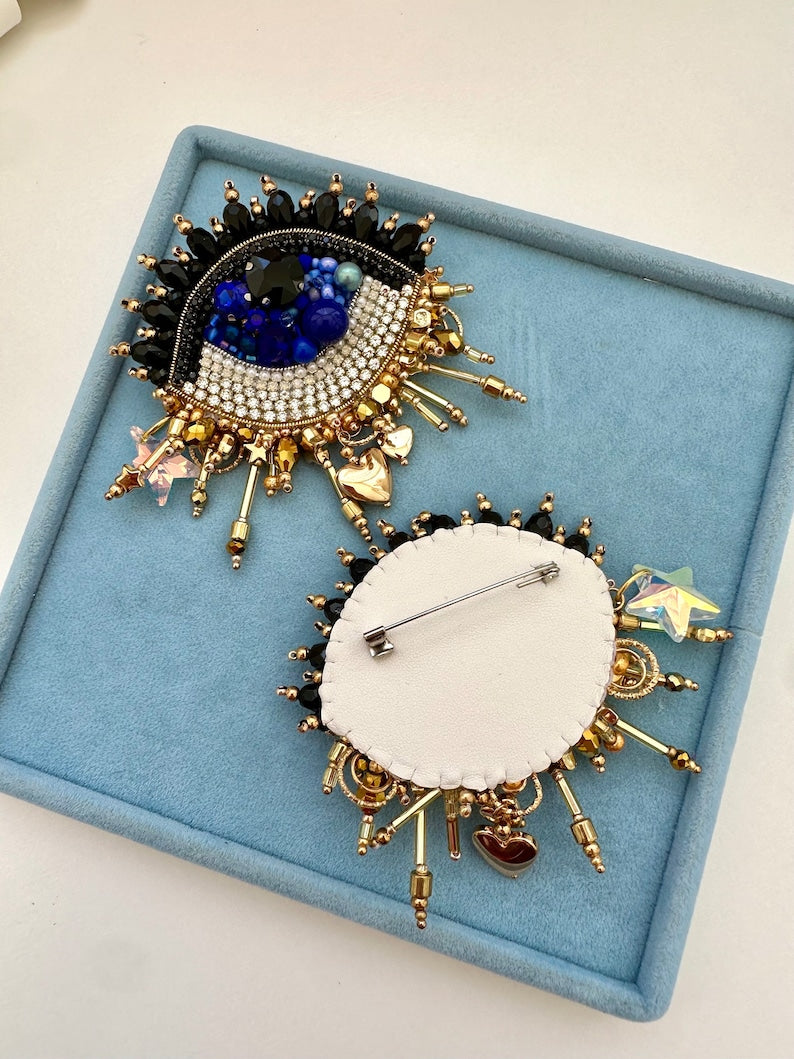 Handmade Beaded Evil Eye Brooch: Protective Good Luck Charm