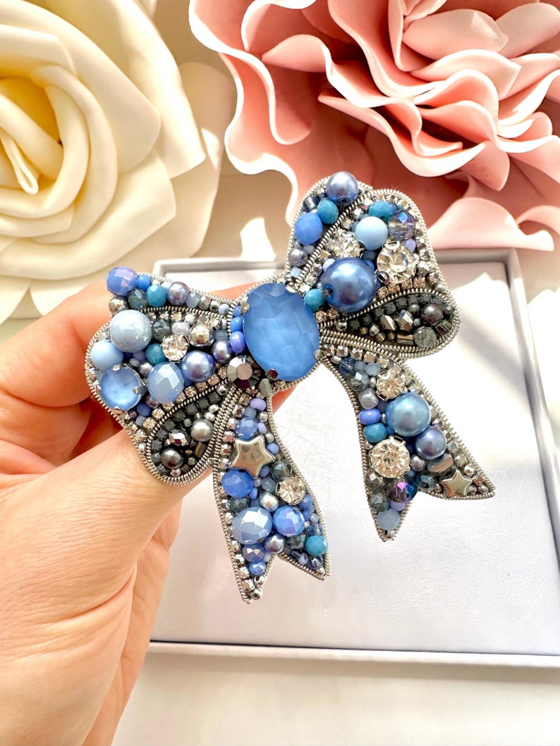 Hand-Embroidered Blue Bow Brooch: Beaded Designer Pin