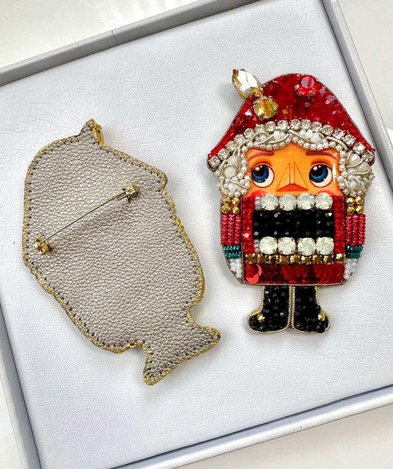 Hand-Embroidered Nutcracker Brooch: Christmas Pin, New Year Gift