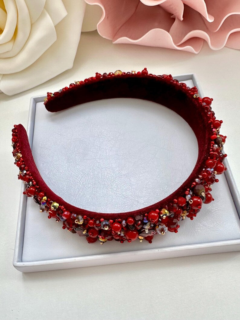 Handmade Crystal Beaded Headband: Garnet Queen Hair Accessory