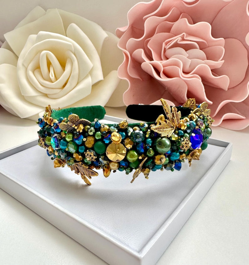 Handmade Crystal Beaded Headband: Embroidered Green Tiara